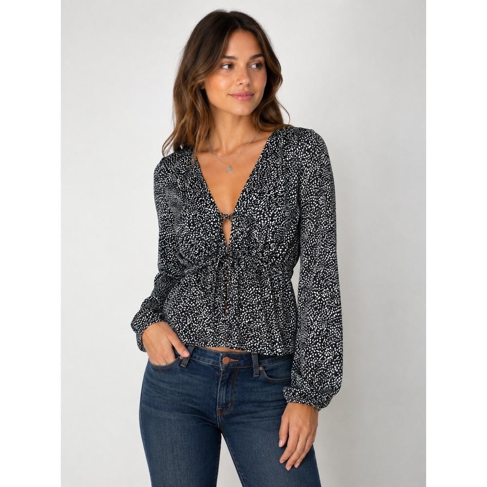 Abercrombie & Fitch Black White Speckled Ruffle Tie Front Peplum Blouse, Small